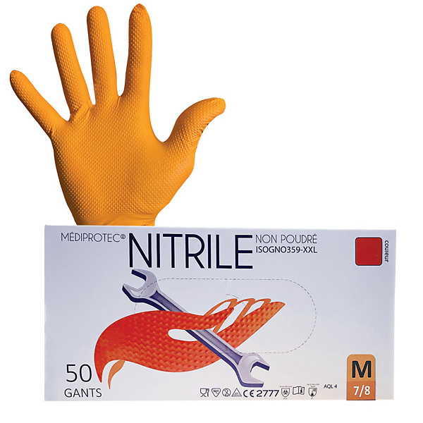 Gants jetables nitrile orange non poudrés taille 7, boîte de 50