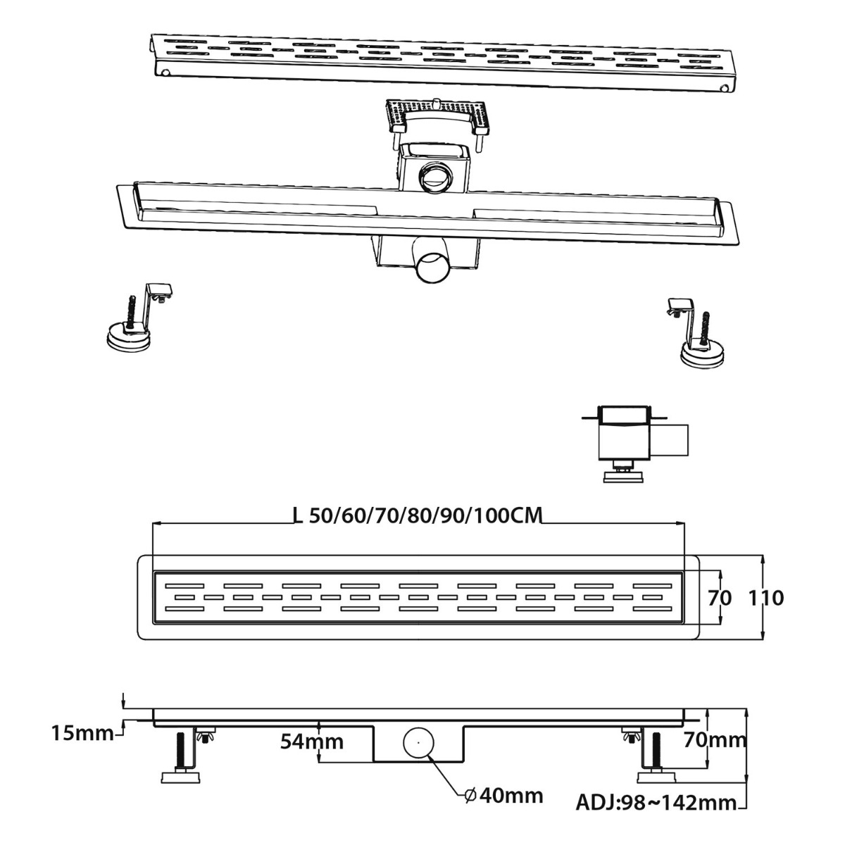 Sanigoods Nura douchegoot met flens 60cm messing geborsteld