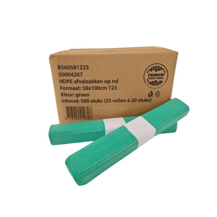 Afvalzakken HDPE 58x100cm 70L 500stuks T23 Groen (560581223)