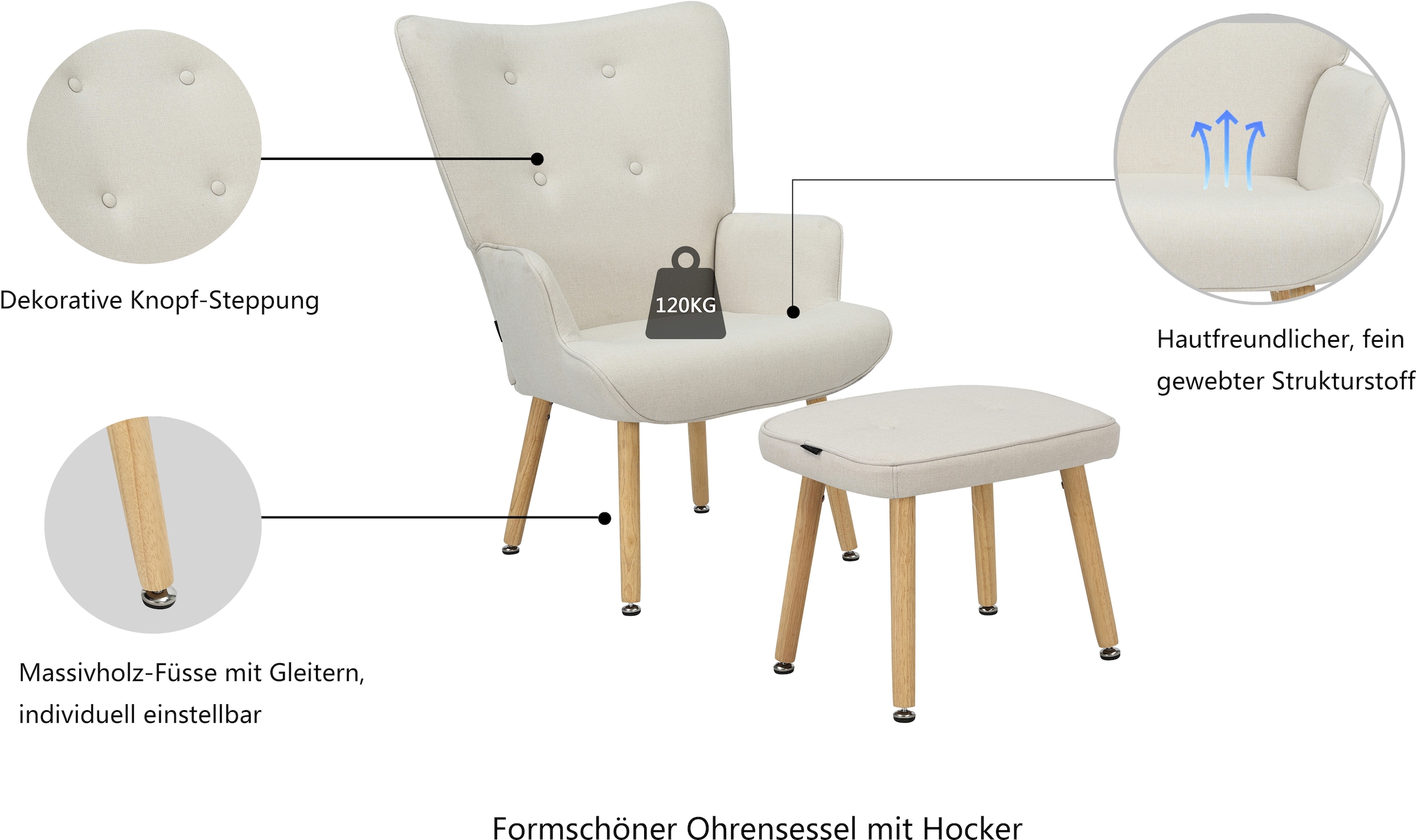 GOODproduct Ohrensessel »PERHAM, Sessel mit Hocker im Set, Knopfheftung, Massivholz-Füsse,« komfortabler Relaxsessel und Sitz-Hocker mit Strukturbezug