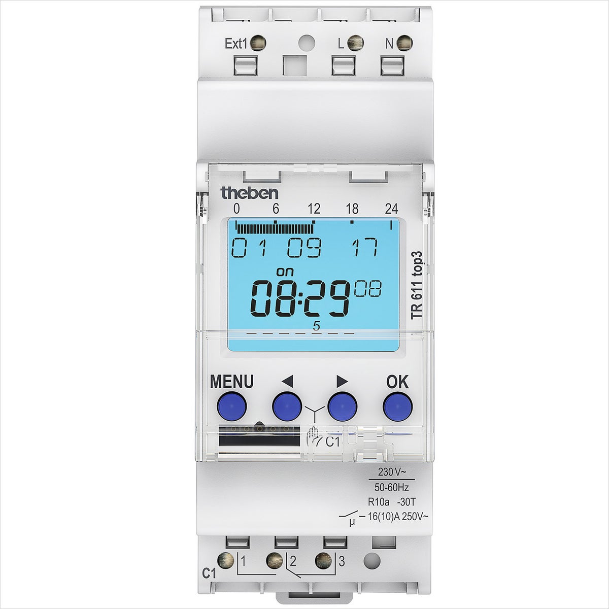 Theben 6110130 TR 611 top3 - Digitale 1-kanaals tijdschakelklok met externe ingang en app-programmering, perfect voor LED's, tijdschakelaars