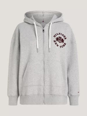 Moletom com capuz e zíper com logo universitário