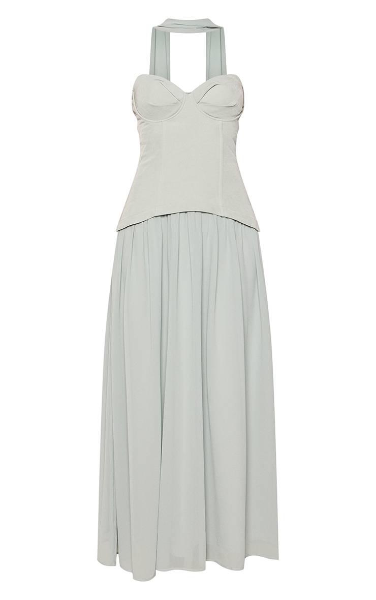 Vert Sauge Robe Longue À Superposition Corset Et Ourlet Plissé