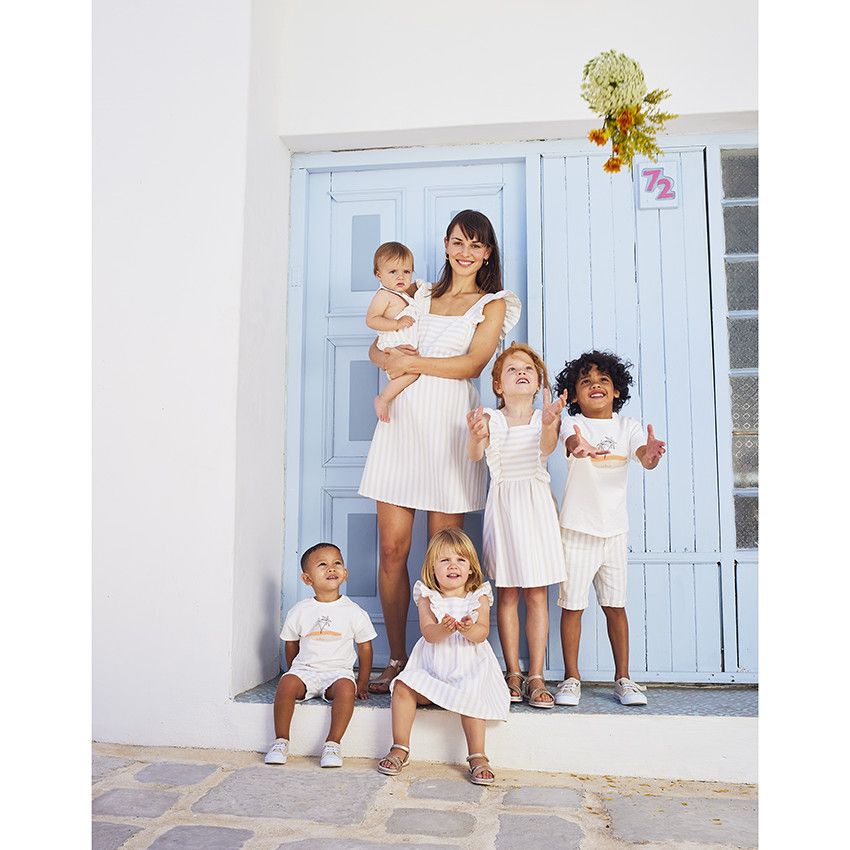 Robe manches courtes volantées à rayures pour bébé fille - Ecru