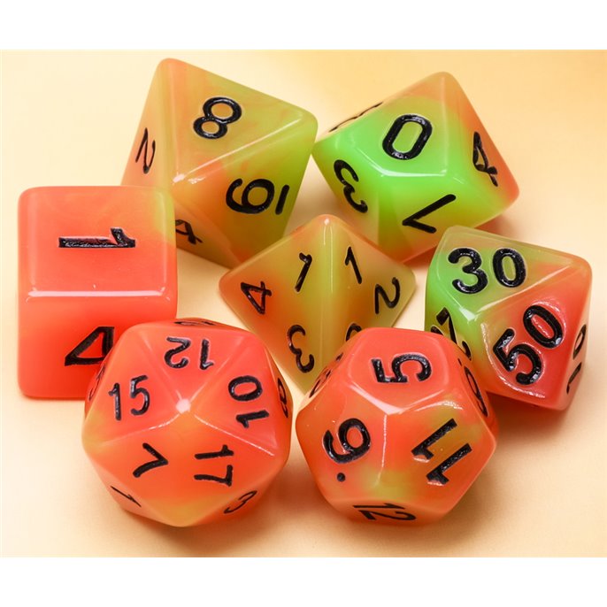 Set de dés de Jeu de Rôle : Orange  et  Vert Phosphorescent