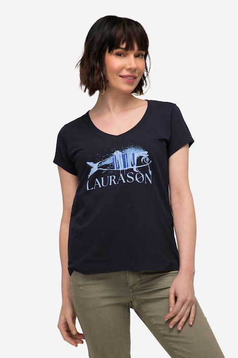 T-Shirt, Fisch Motiv, V-Ausschnitt, Halbarm