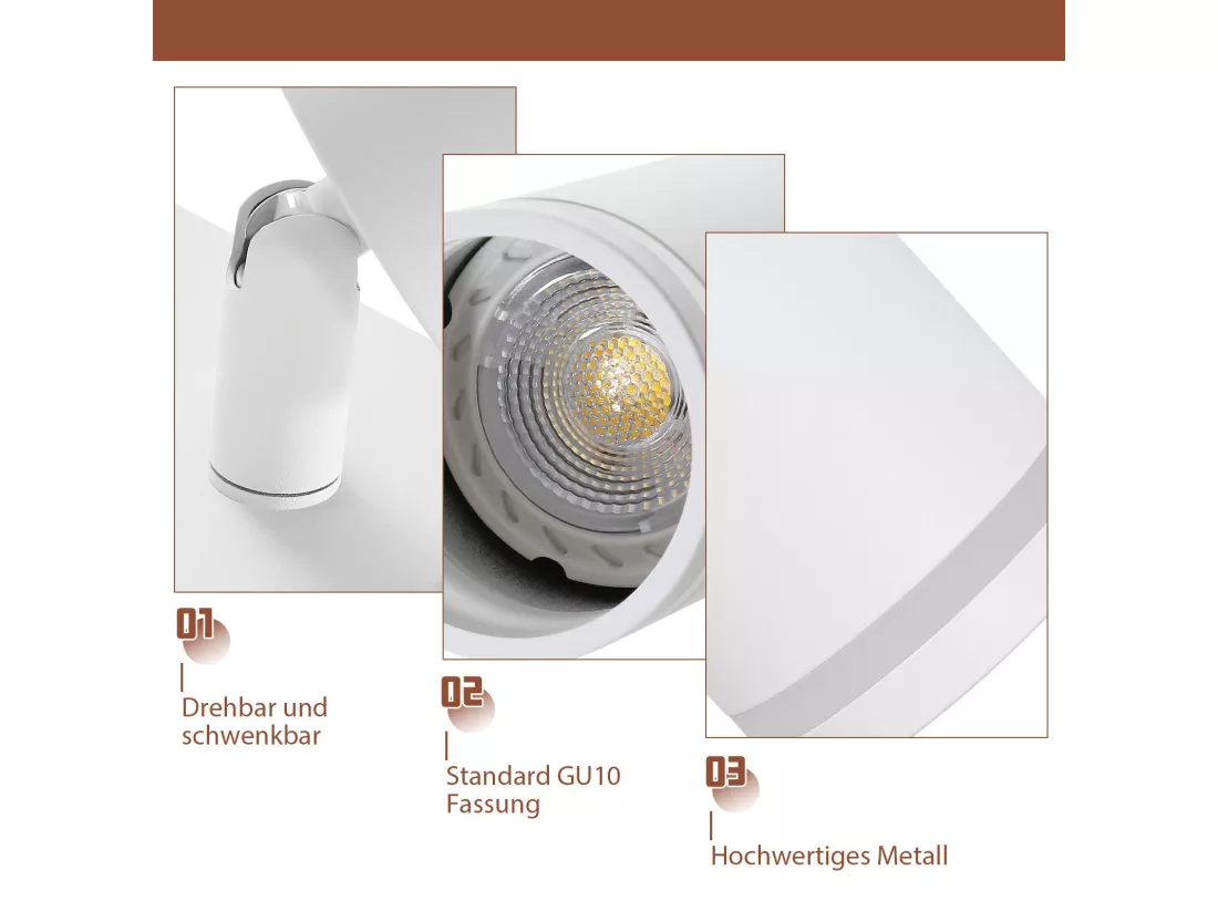 NETTLIFE Plafonnier 5 Spots moderne : plafonnier blanc spot GU10 spots orientables à 355°métal intérieur pour cuisine, salon, chambre, sans ampoule