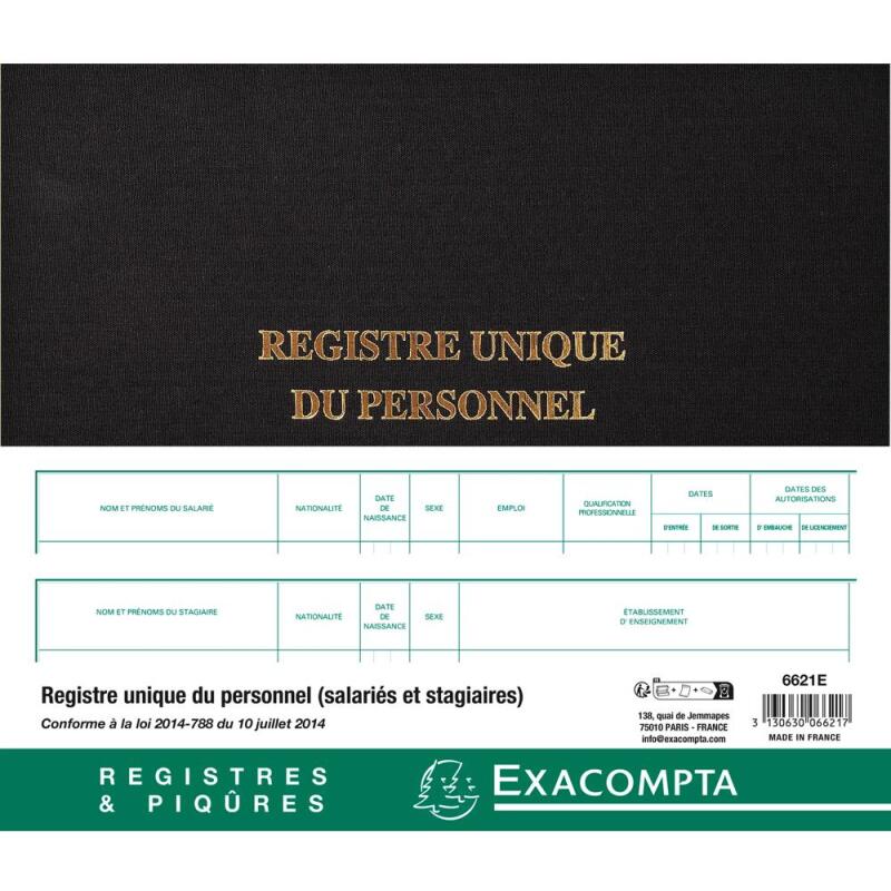 Registre 27x32cm - Registre unique du personnel (salariés et stagiaires) - 100 pages