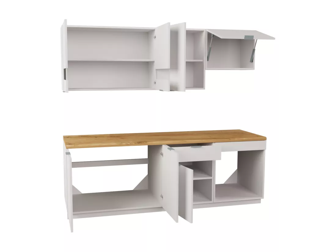 Cuisine complète - Avec plan de travail 200 cm - Blanc et Naturel - CARMEO