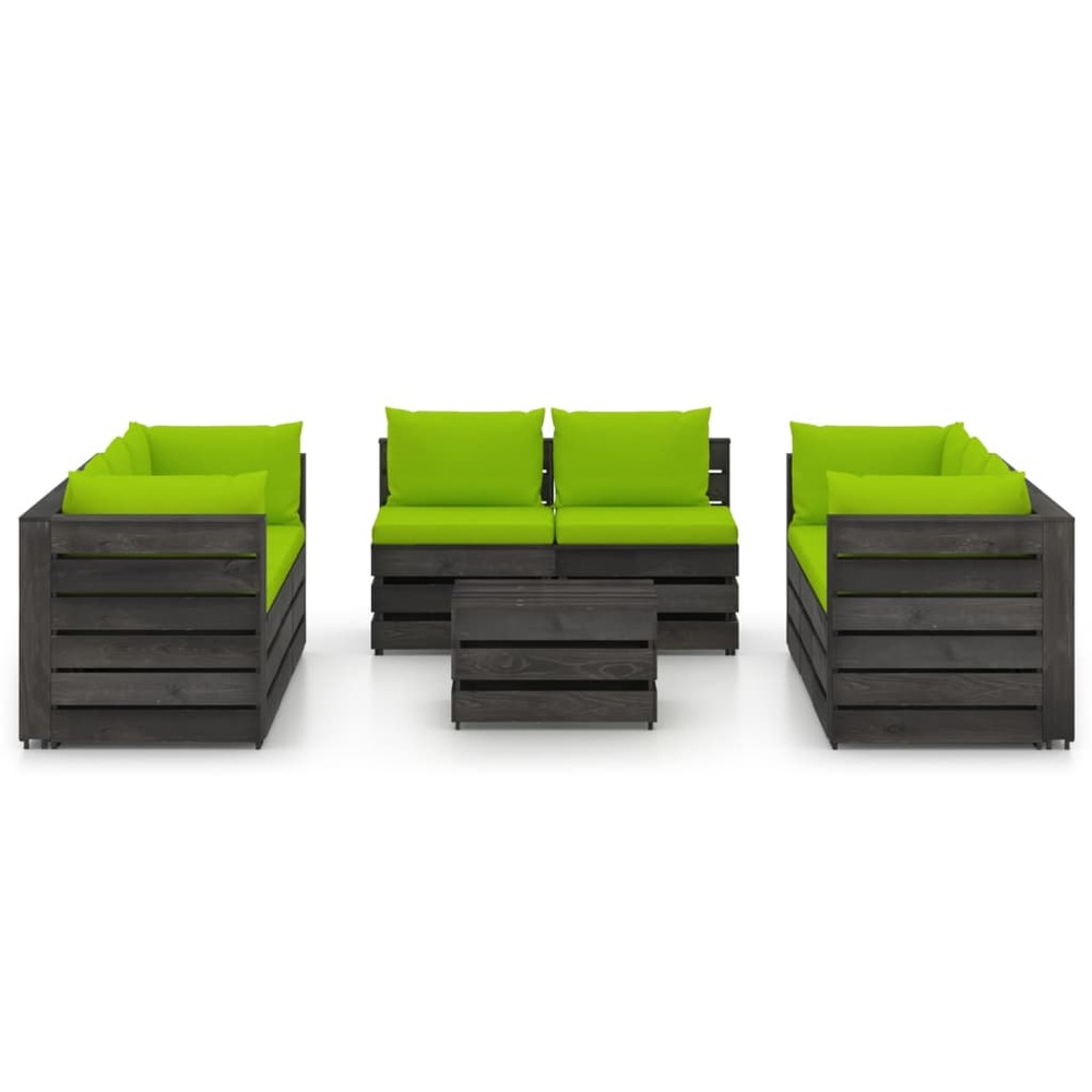 Salon de jardin meuble d'extérieur ensemble de mobilier 9 pièces avec coussins bois imprégné de gris