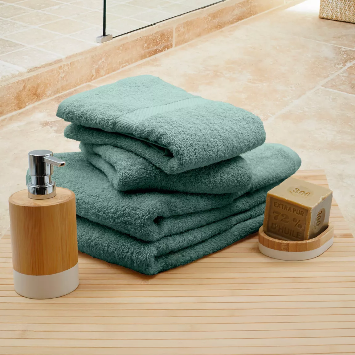 Lot de 4 serviettes de toilette coton (70 x 130 cm) Elegance Vert céladon