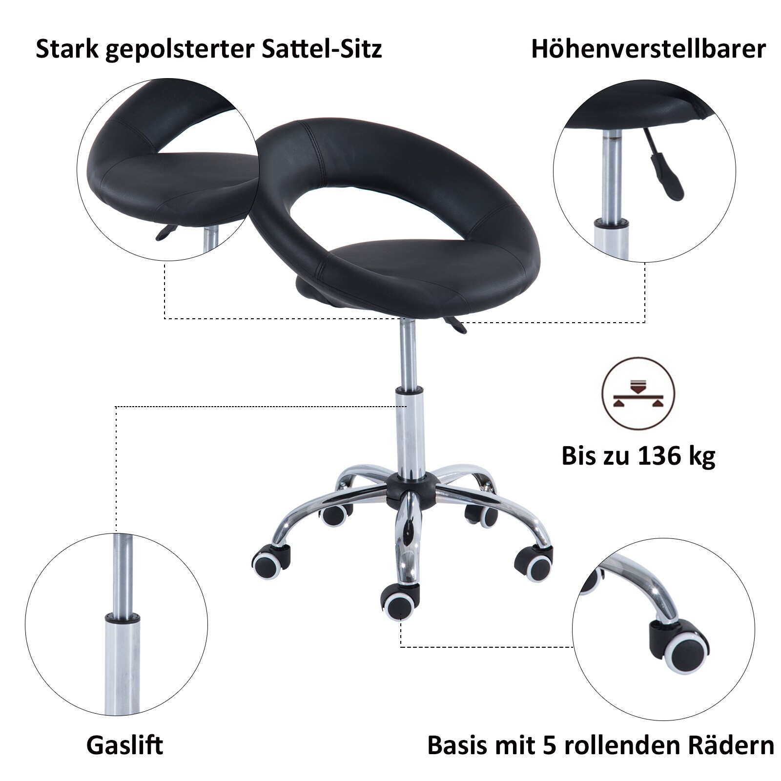 HOMCOM Rollhocker höhenverstellbar schwarz 54 x 50 x (66-78) cm