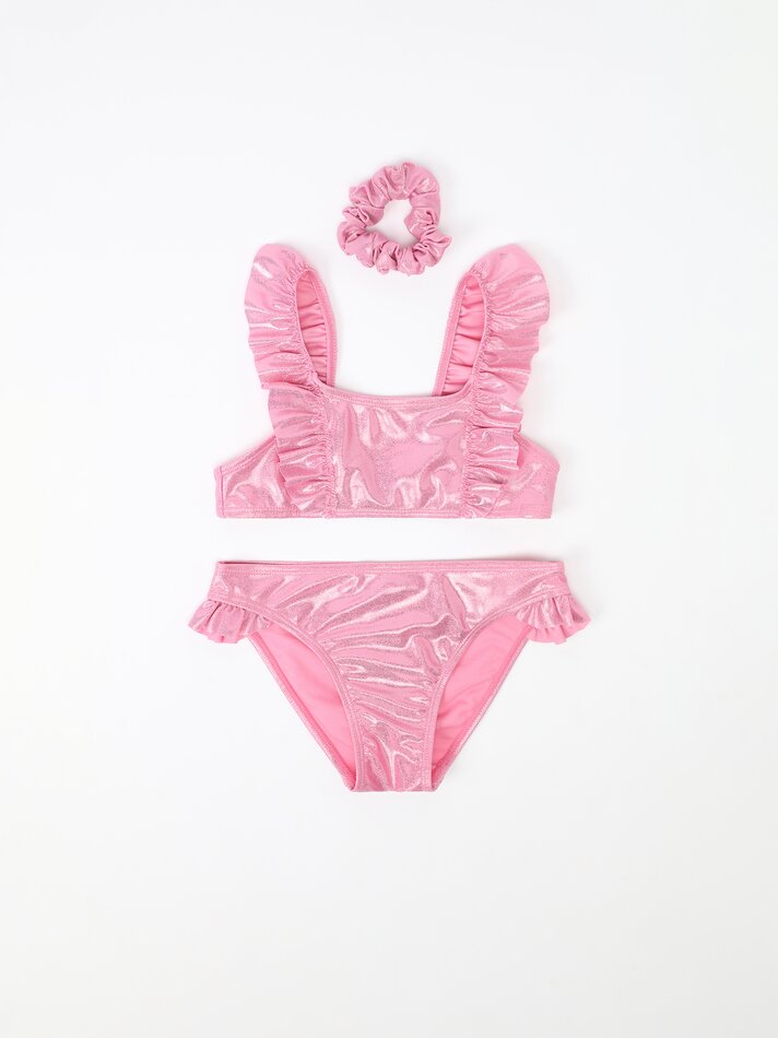 Conjunto de biquíni de duas peças brilhante com babados e elástico de cabelo - Rosa Pastel