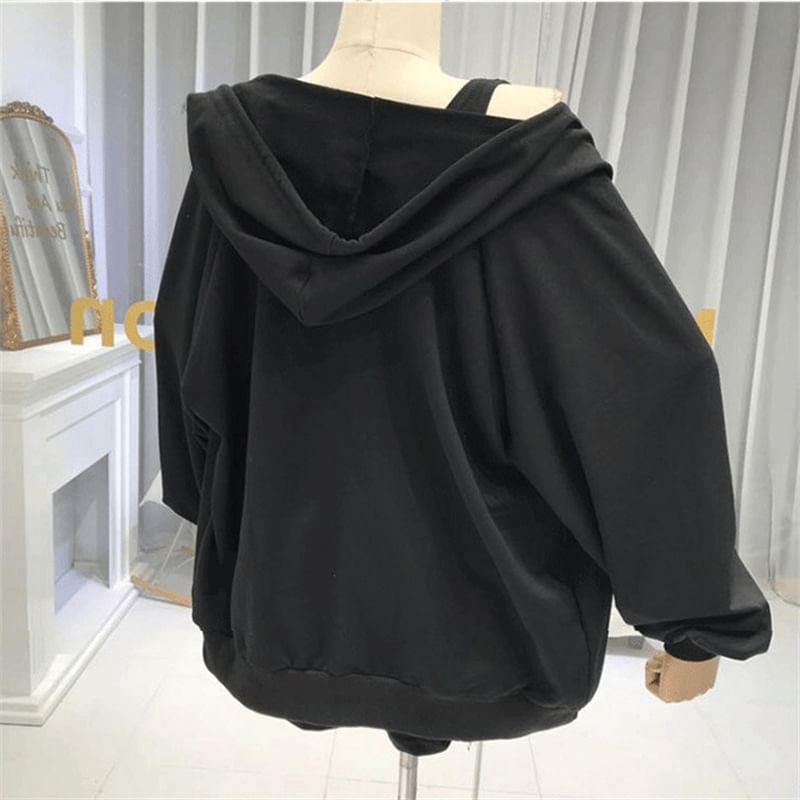 Carotaine - Set: tanktop met ronde hals en letters + effen joggingbroek met trekkoord in de taille + hoodie met rits