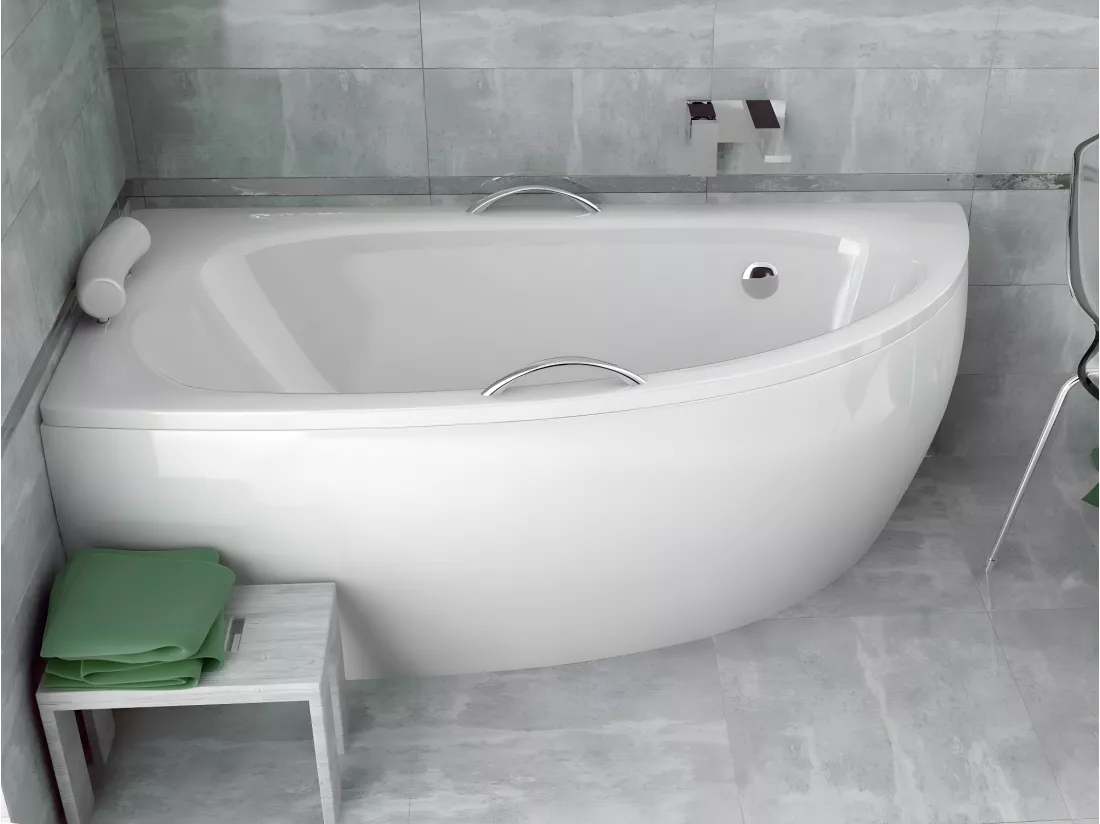 Baignoire asymétrique + tablier blanc + repose tête + poignées - MILENA PREMIUM - 150 x 70 cm - Gauche