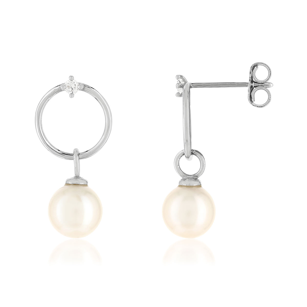 Boucles d'oreilles argent 925, motif cercle, perles de culture de Chine, zirconias.