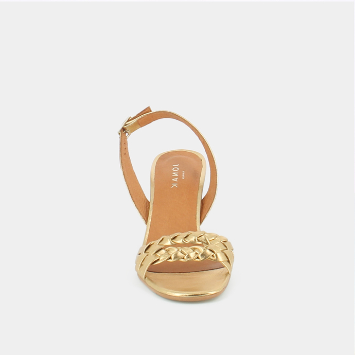 Sandales tressées à talons  en cuir métallisé or