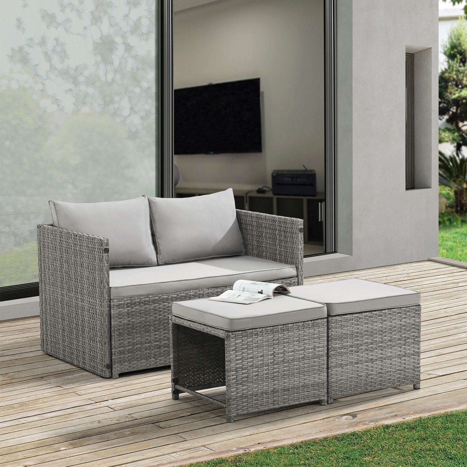 Juskys 2in1 Polyrattan Relax Gartenmöbel Set Jamaika - Lounge für Balkon & Outdoor, Balkonmöbel Grau