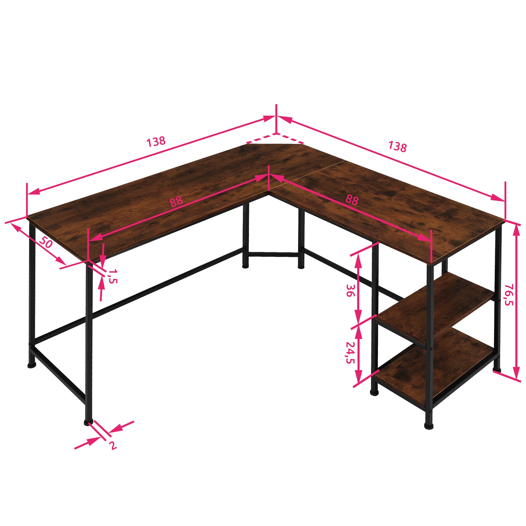 tectake® Schreibtisch, Industrial Style, Seitenregal mit 2 Ablagefächern, 138 x 138 x 75,5 cm