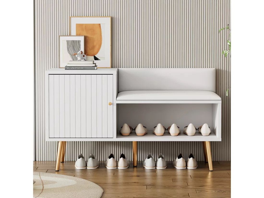 Armoire Banc à chaussures avec trois portes de rangement Avec poignées métalliques asymétriques Blanc