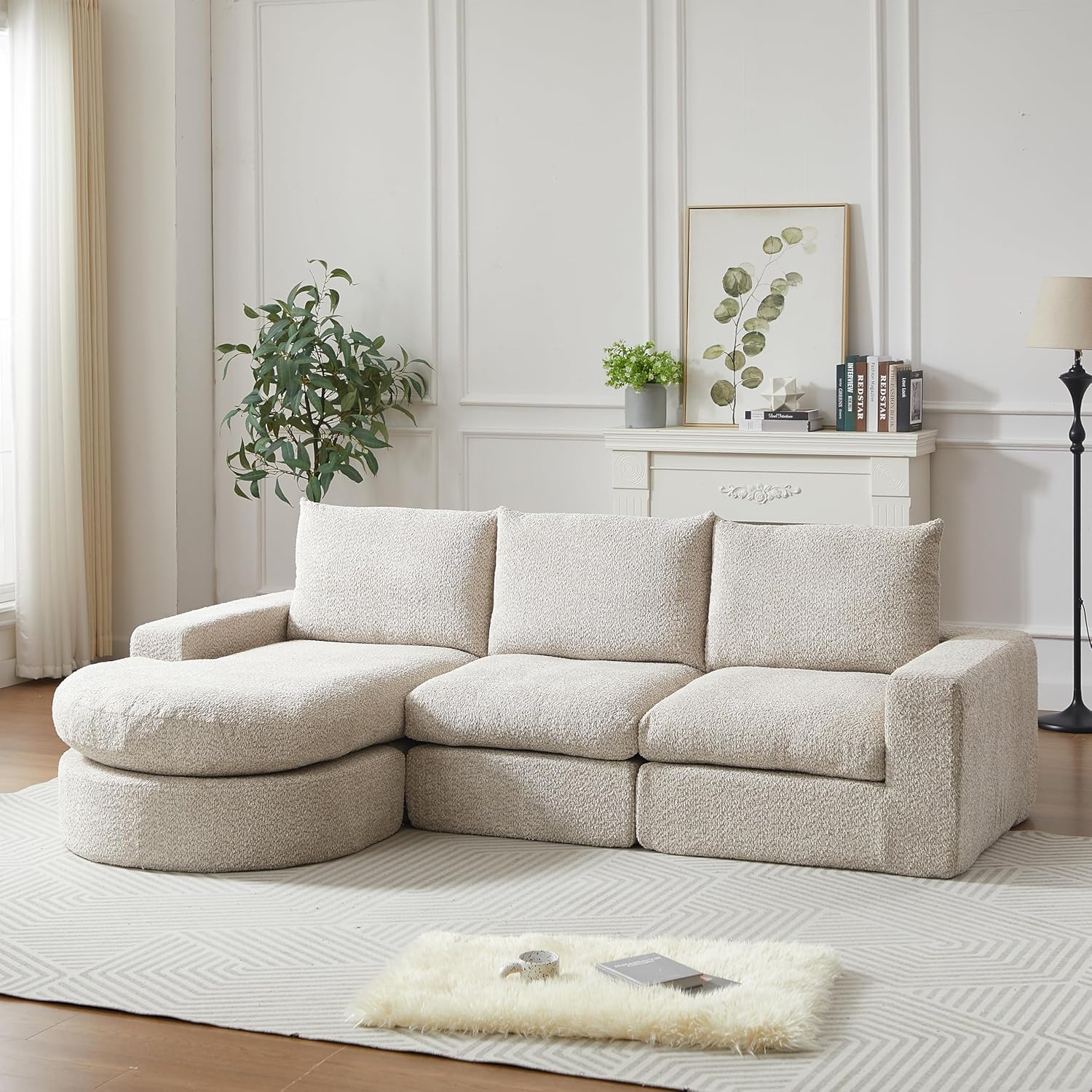 Modulares sofa,Chaiselongue,Chaiselongue sofa,Chenille-Sofa mit gebogenen Elementen und Liegestuhl, vollständig komprimiert und ohne Gestell, modulares Kombinationssofa L-Liegestuhl (Beige)