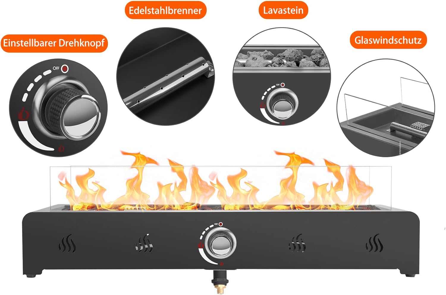 onlyfire 72cm Tisch-Gas-Feuerstelle, 6.5 kW Propan Gas Terrassenfeuer Tischkamin mit Unterer Lufteinlass, Glaswindschutz & Lavastein, Rechteckig Tischfeuerstelle Outdoor für Terrasse Garten
