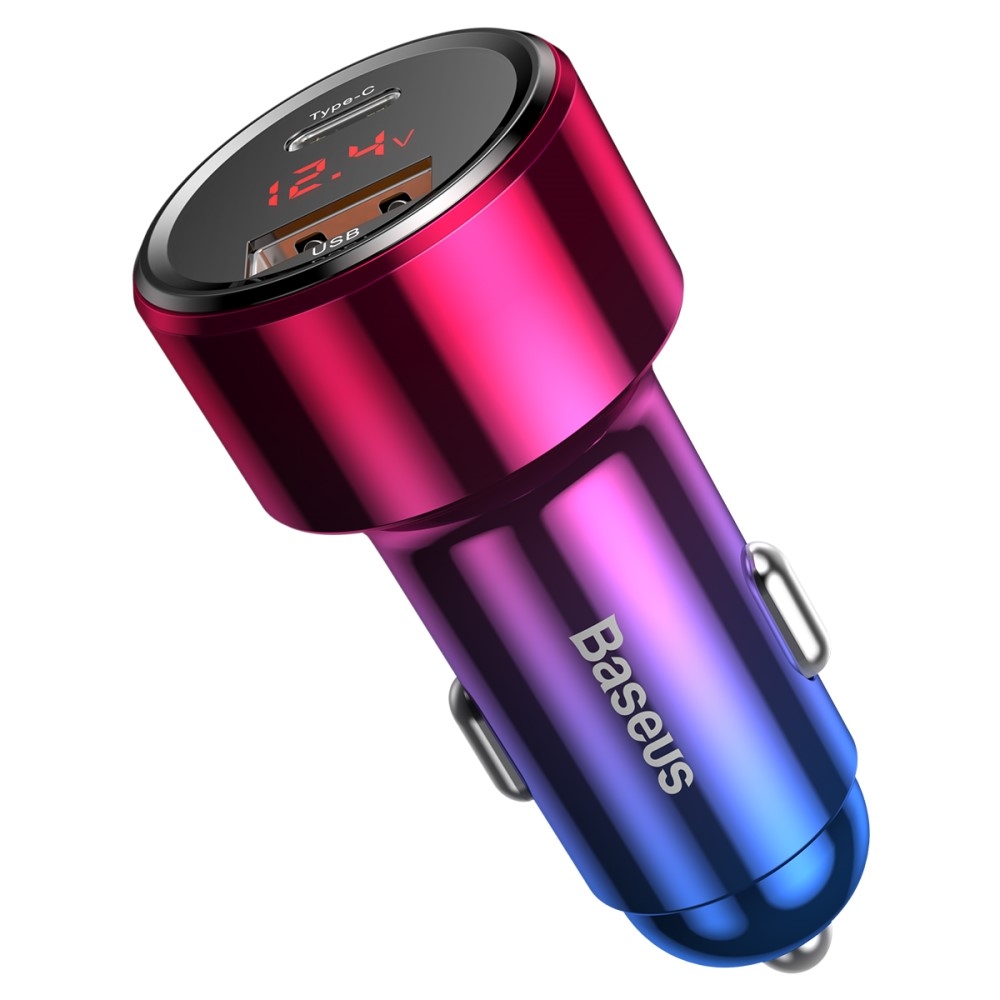Aluminium 45W (6A) Universal USB / USB C Auto KFZ Ladegerät mit Digital Display   Power Delivery 3.0   Quick Charge 4.0 - Pink / Blau