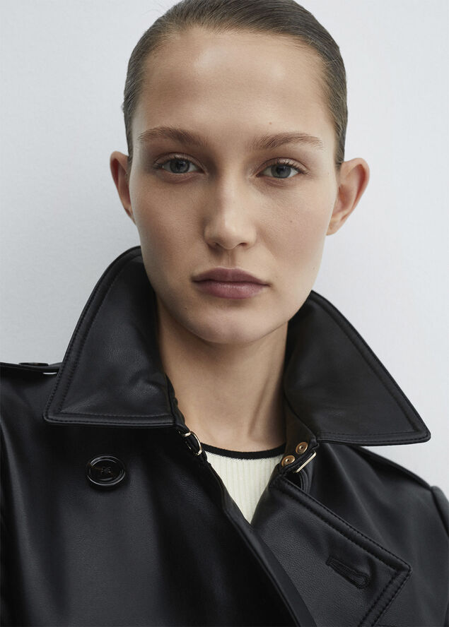 MANGO Leather-effect trench coat Black