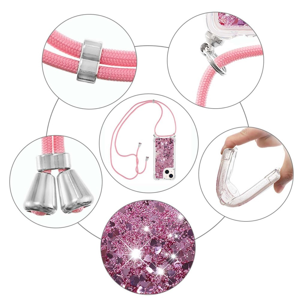 iPhone 14 Necklace Gummi Hülle Liquid Glitzer   Handykette (130cm) - Pink / Roségold