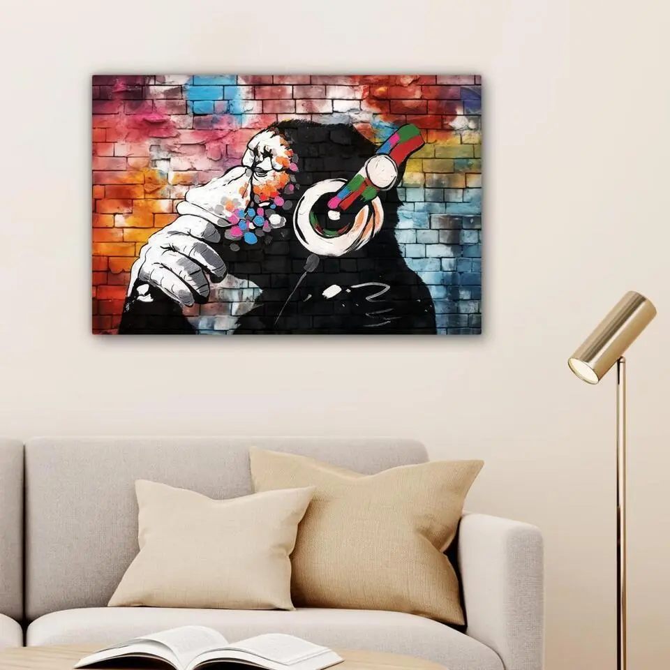 MuchoWow Canvas Schilderij 90x60cm Aap Graffiti Muziek