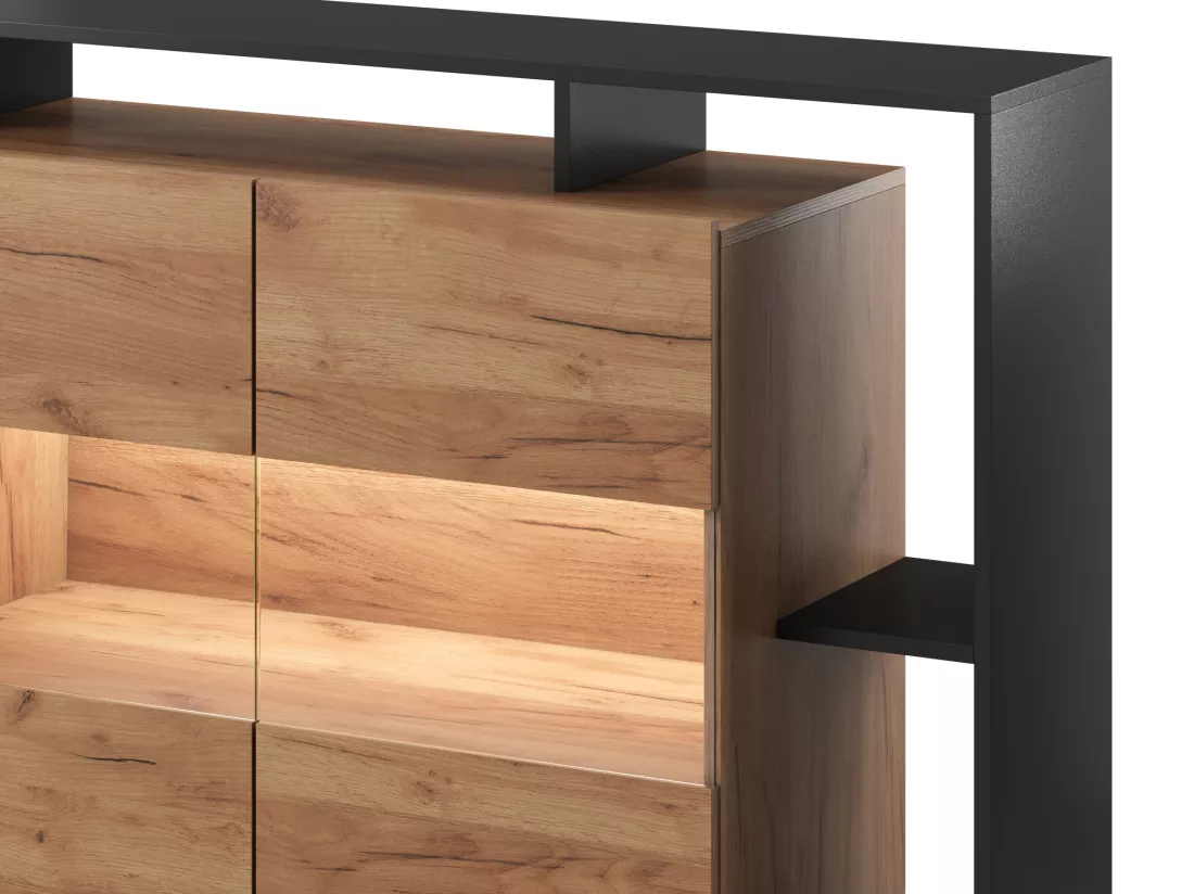 Buffet 4 portes et 4 niches avec LEDs - Naturel clair et Anthracite - IDESIA