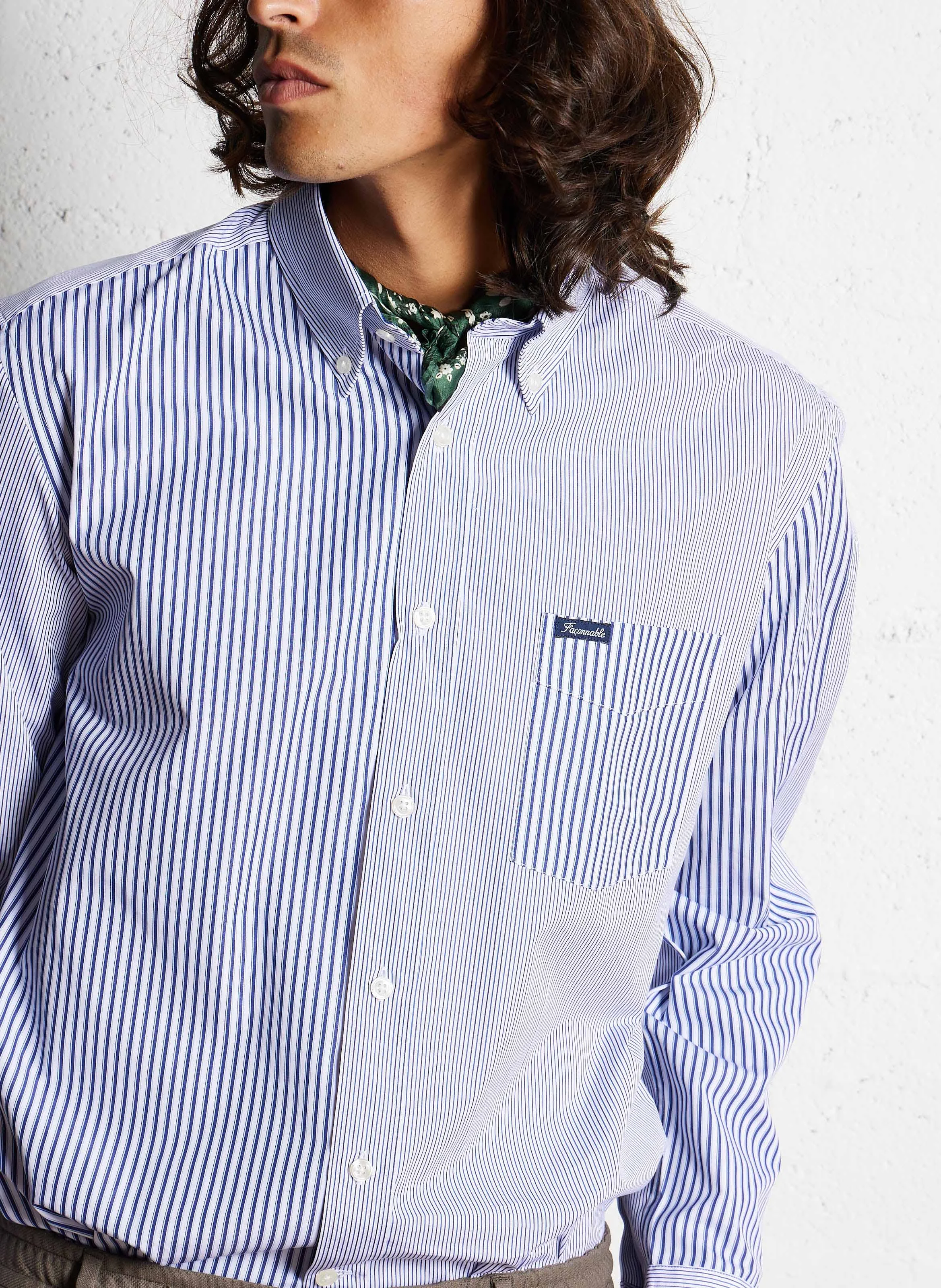 Chemise col classique rayée en coton | Bleu