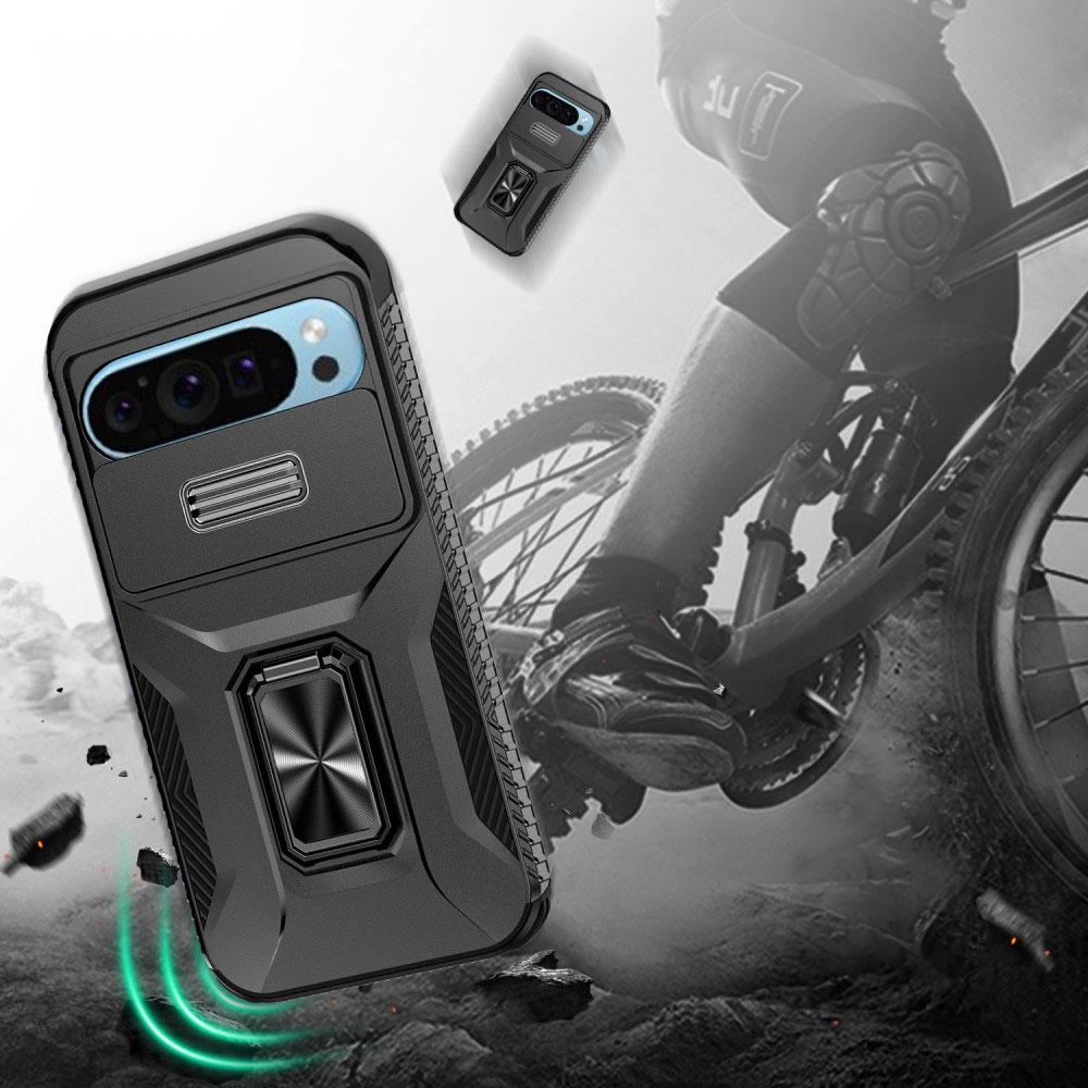 Google Pixel 9 / Pixel 9 Pro Hybrid Outdoor Hardcase Hülle mit Cam-Slider   Magnetischer Kickstand - Schwarz