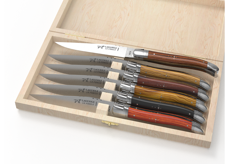 service de 6 Couteaux Laguiole avec un manche en 6 bois différents et mitres inox