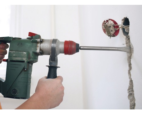 SDS Plus beitelset, 3-delig, bestaande uit een puntbeitel (250 mm), een platte beitel (250 mm) en een brede platte beitel (250 mm).