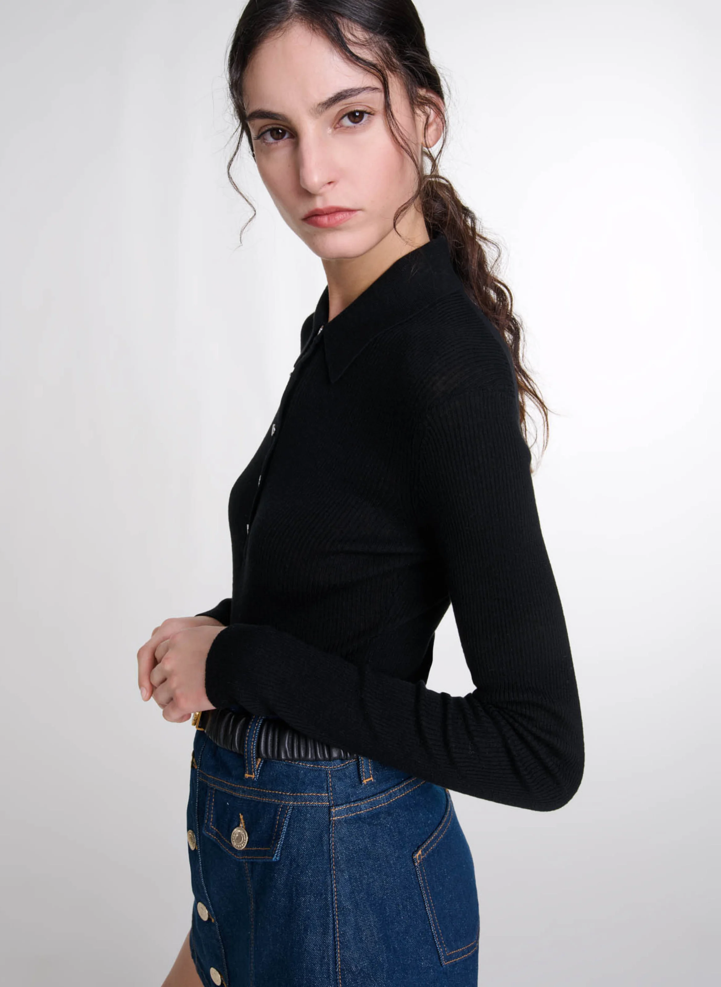 Body col polo en laine mélangée | Noir