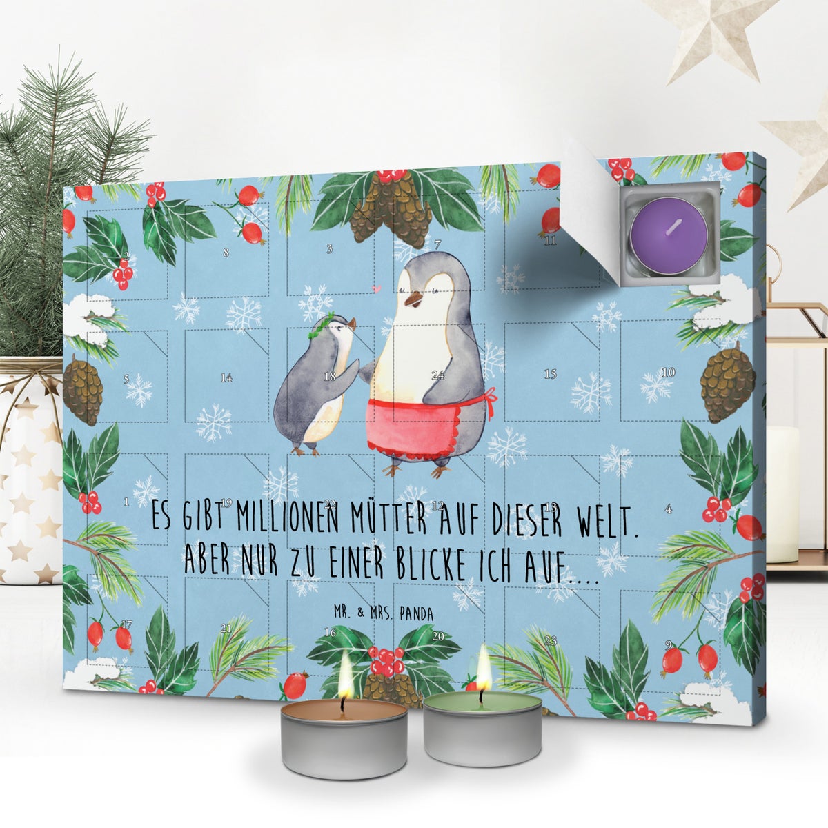 Mr. & Mrs. Panda Geurkaars Adventskalender Pinguïn met Kind - Pastelblauw