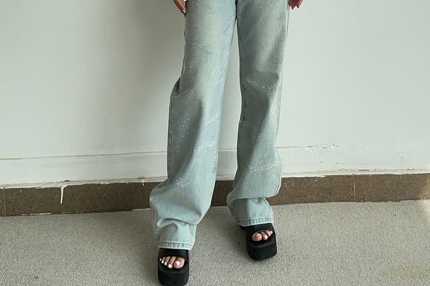 Colada - Hoge taille jeans met rechte pijpen en strass steentjes