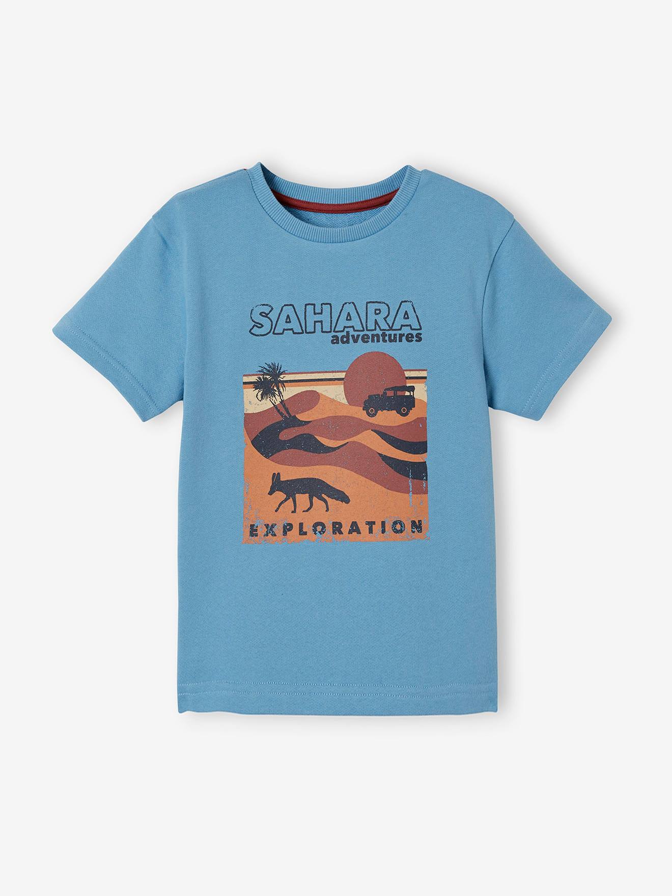 Camiseta de manga curta com estampa do Saara, para meninos, azul claro liso com motivos.