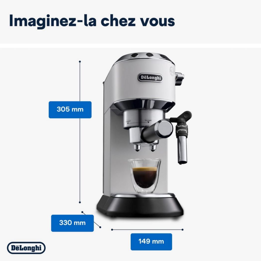 De'Longhi Dedica Style EC685.M, Machine à expresso avec buse à mousse de lait professionnelle, seulement 15 cm de large, réservoir de 1 L, boîtier en métal, compatible avec les dosettes ESE, métal