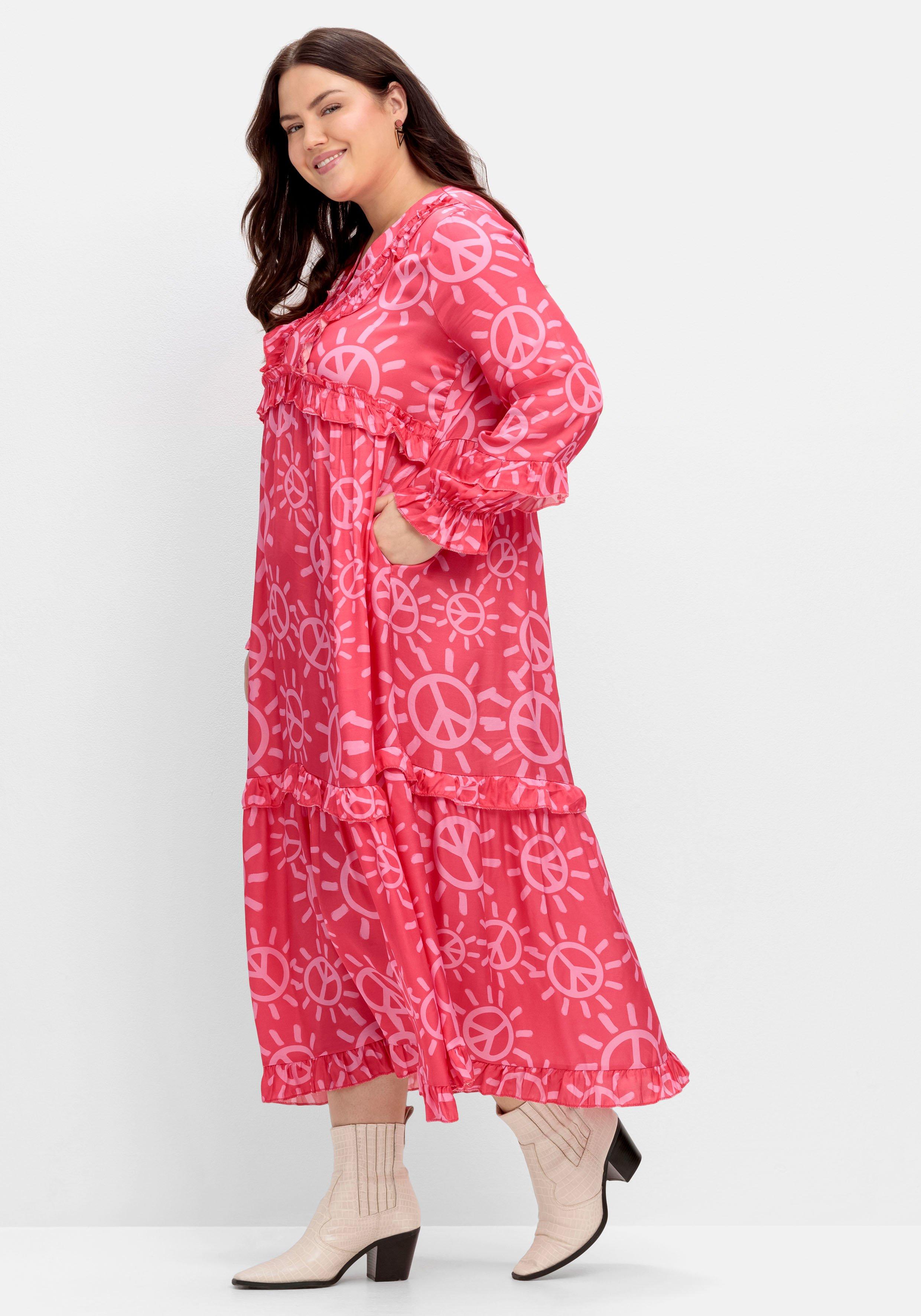 Maxikleid mit Alloverprint, Rüschen und Volants