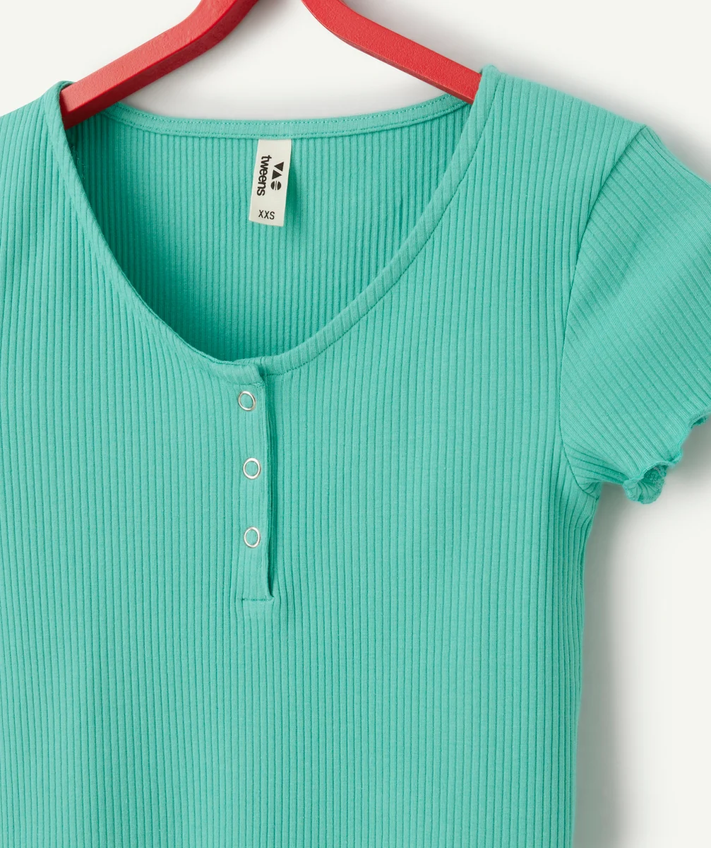 t-shirt manches courtes fille en coton bio côtelé vert