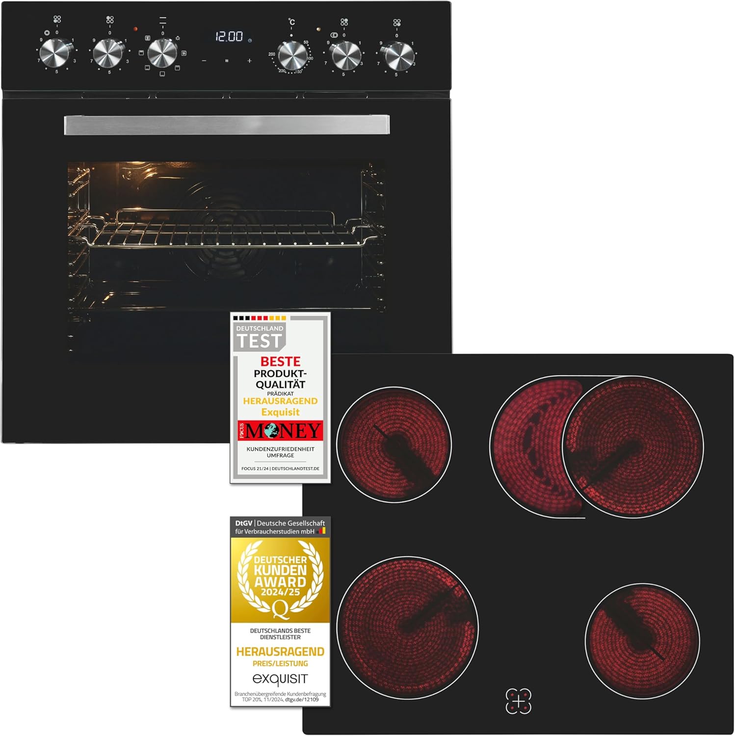 Exquisit Einbauherdset EHE157-UBZ-020-Set schwarz | 59 l Garraumvolumen | 7 Backprogramme | Kochfeld mit Rahmen | Grill | Umluft | Energieklasse A