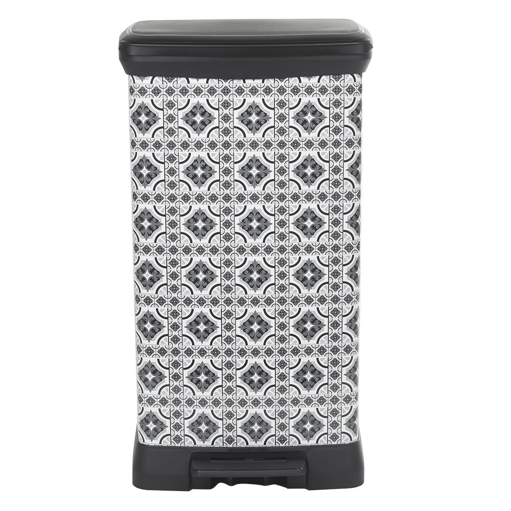 Poubelle à pédale motif carreau de ciment gris et blanc 50 L