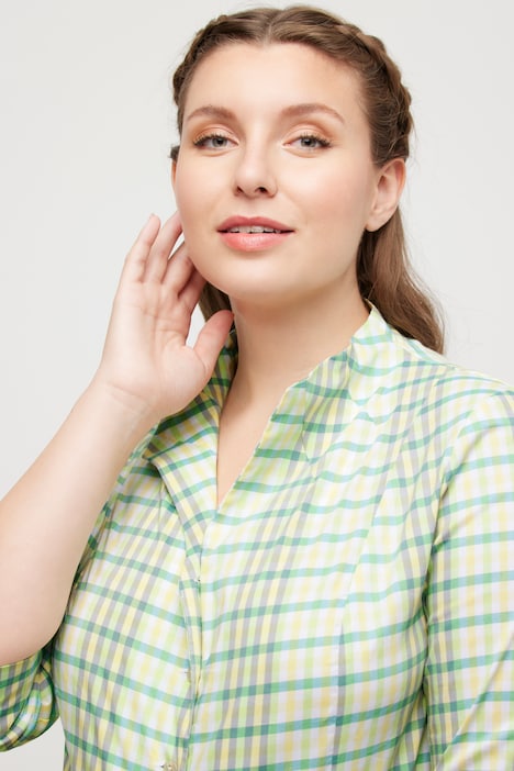 Bluse, Karo, Slim, Kelchkragen, V-Ausschnitt, 3/4-Arm