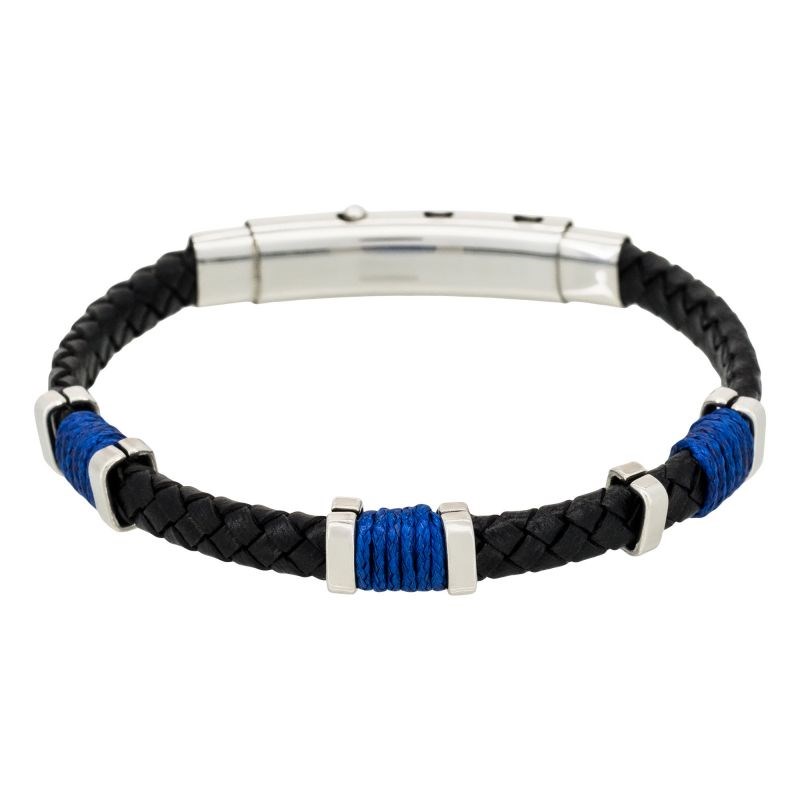 Bracelet Homme acier, cuir noir et corde bleu 