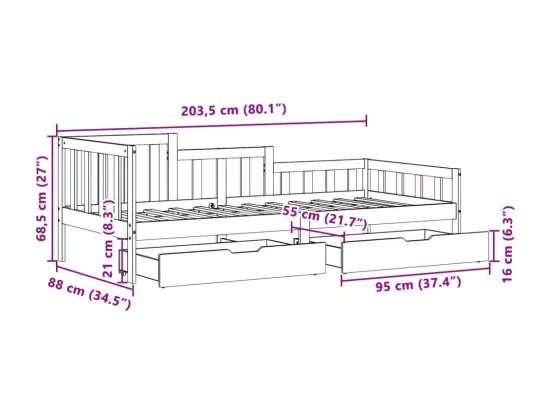 Lit de jour avec tiroirs sans matelas 80x200 cm bois massif