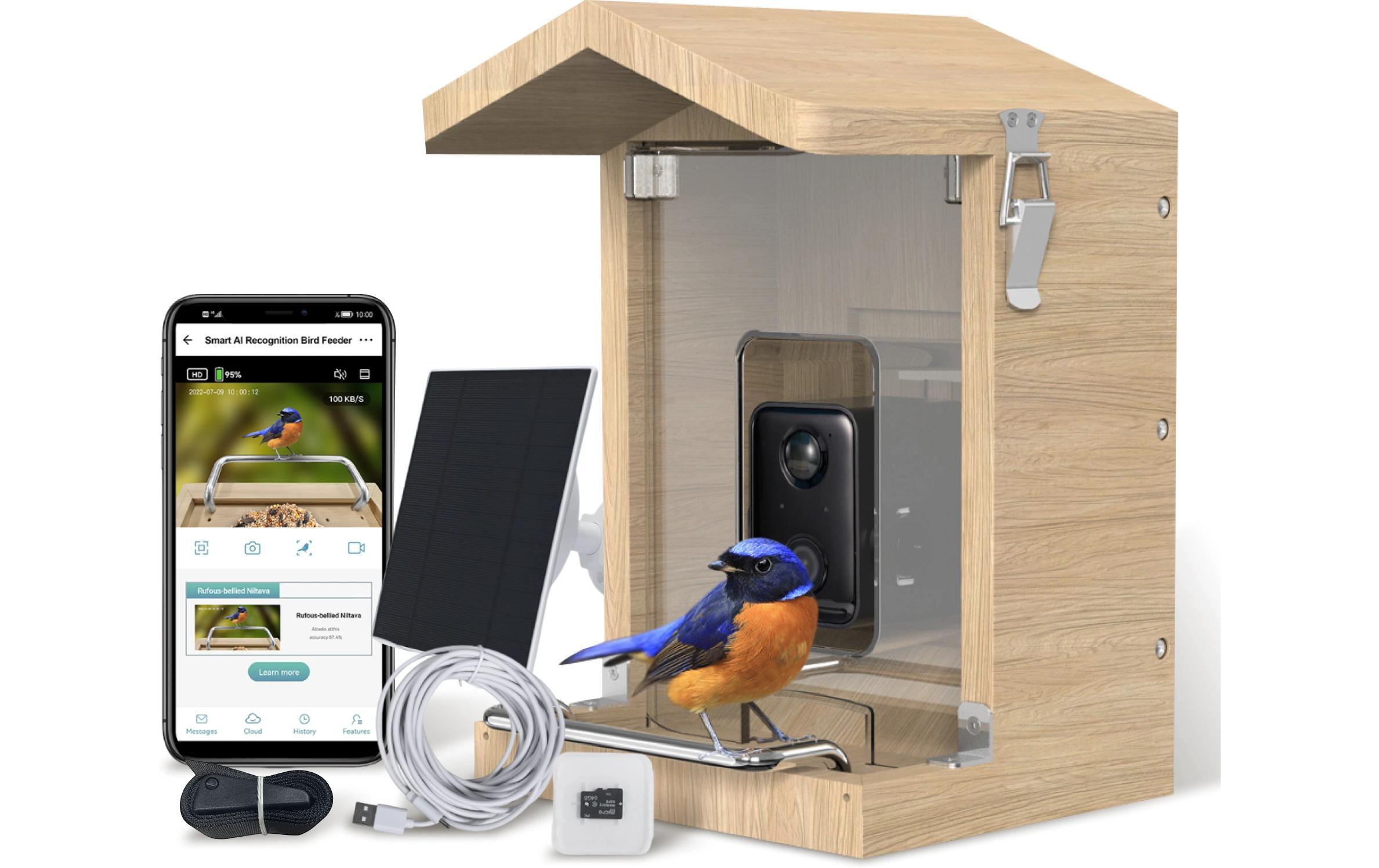 Vogelfutterhaus mit Kamera mit Solarpanel<br>Vogelhaus aus Holz mit AI-Kamera