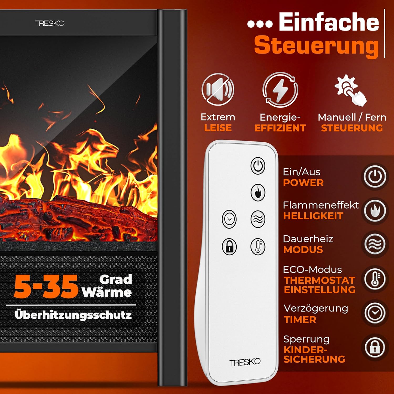 TRESKO® Elektrokamin mit Heizung & Fernbedienung 2000W, WiFi App | Kamin elektrisch LED-Flammeneffekt & LCD-Display | Kaminfeuer mit Thermostat, Timer | Elektro Kaminofen Standkamin Heizlüfter