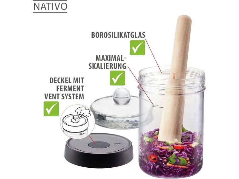 GEFU Fermentationsglas NATIVO 4-teilig, 1 L Fermentationsgläser Set mit Deckel